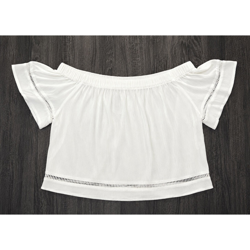 Forever 21 Womens White Off The Shoulder Crop Top Flutter Sleeve Boho Large NWT